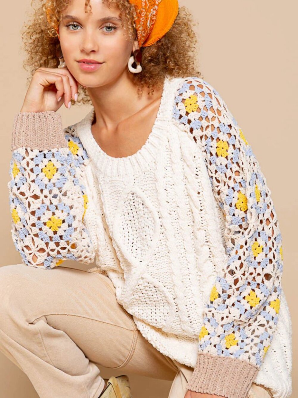 POL Women's Almond Multi Round Neck Joy Crochet Sleeve Pullover Sweater Size M